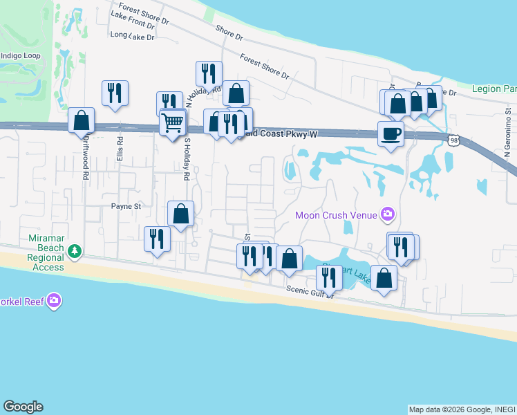 map of restaurants, bars, coffee shops, grocery stores, and more near 50 Walton Drive in Miramar Beach