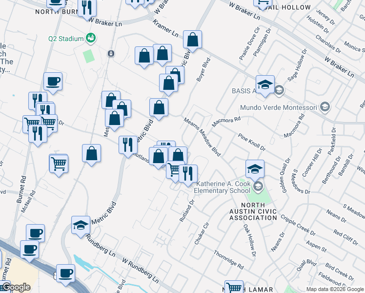 map of restaurants, bars, coffee shops, grocery stores, and more near 10304 Little Pebble Drive in Austin