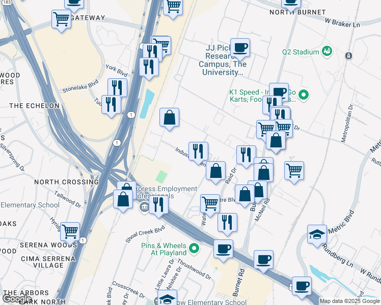map of restaurants, bars, coffee shops, grocery stores, and more near 3100 A Industrial Terrace in Austin