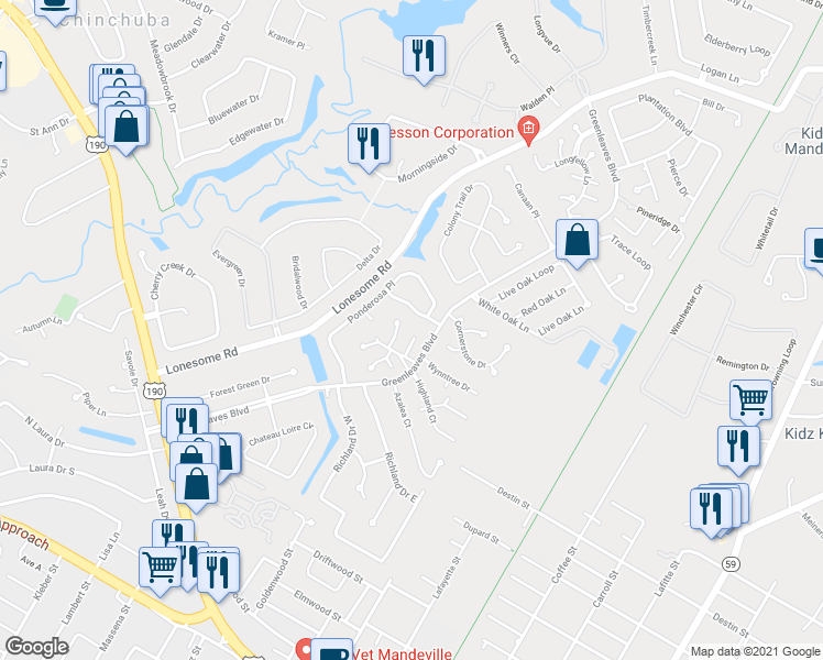 map of restaurants, bars, coffee shops, grocery stores, and more near 58 Elizabeth Court in Mandeville