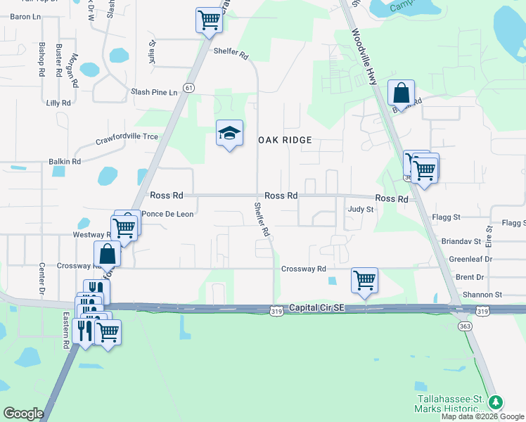 map of restaurants, bars, coffee shops, grocery stores, and more near 4613 Shelfer Road in Tallahassee