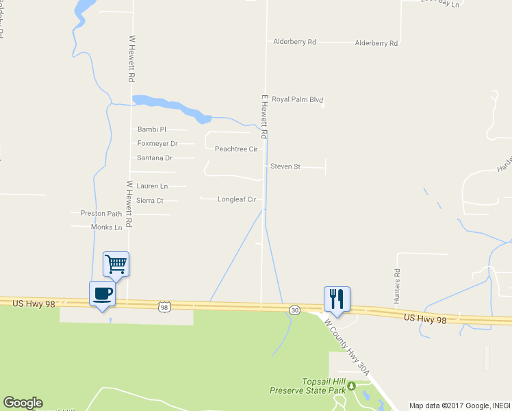 map of restaurants, bars, coffee shops, grocery stores, and more near 33 Long Leaf Circle in Santa Rosa Beach