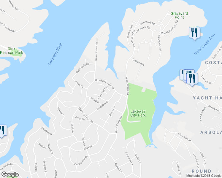 map of restaurants, bars, coffee shops, grocery stores, and more near 107 Oakglen Drive in Austin