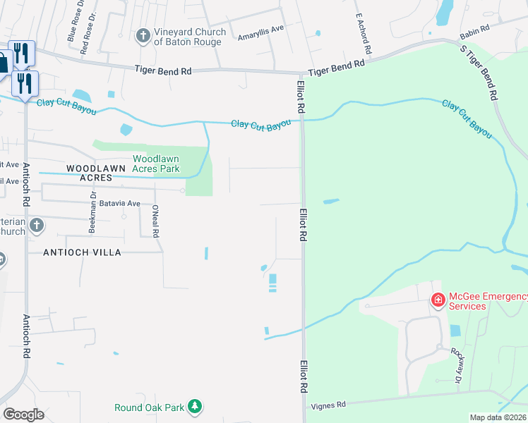 map of restaurants, bars, coffee shops, grocery stores, and more near 7848 Elliot Road in Baton Rouge