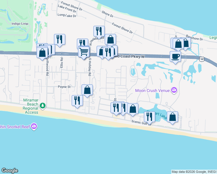 map of restaurants, bars, coffee shops, grocery stores, and more near 56 Penelope Street in Miramar Beach