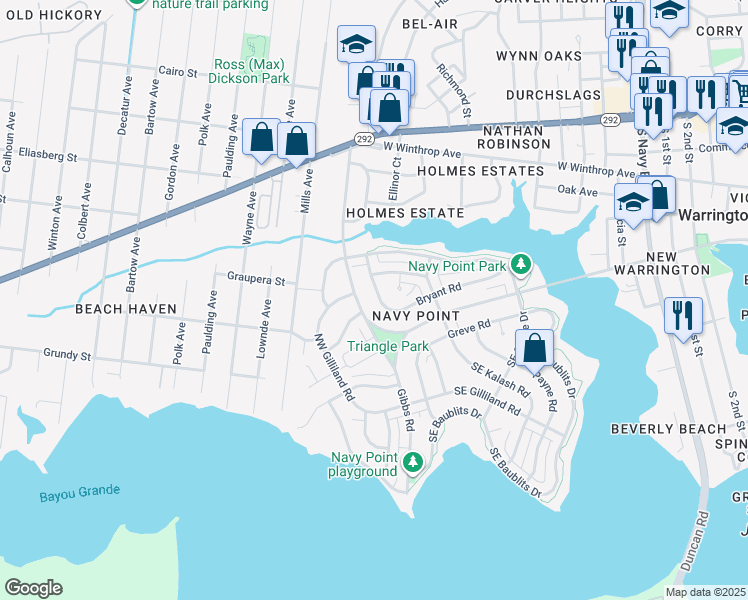 map of restaurants, bars, coffee shops, grocery stores, and more near 323 Bryant Road in Pensacola