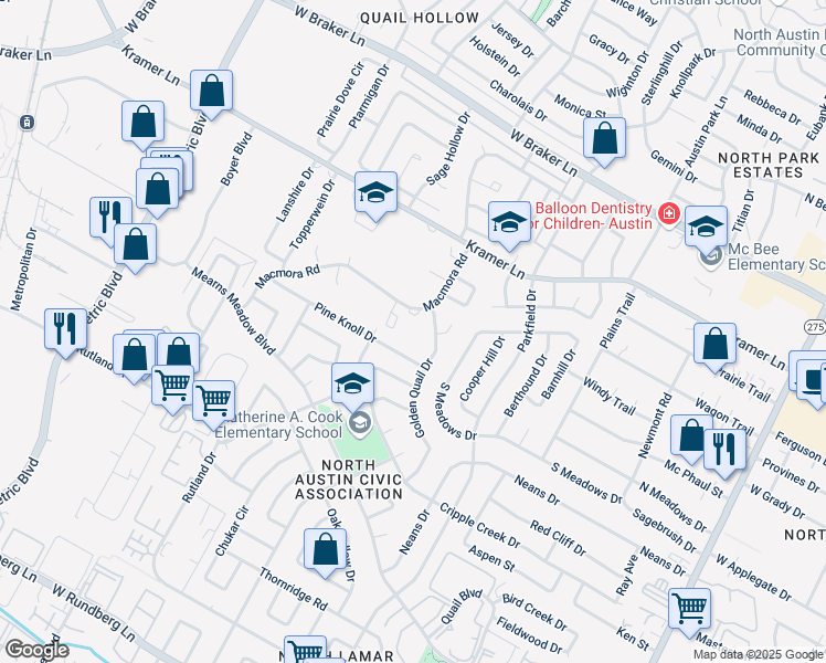 map of restaurants, bars, coffee shops, grocery stores, and more near 10701 Macmora Road in Austin