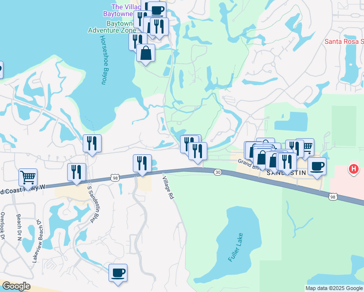 map of restaurants, bars, coffee shops, grocery stores, and more near 15 Baytowne Avenue East in Miramar Beach