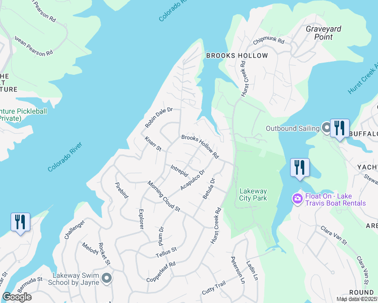 map of restaurants, bars, coffee shops, grocery stores, and more near 106 Chestnut Hill Cove in Lakeway