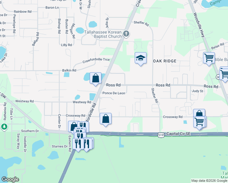 map of restaurants, bars, coffee shops, grocery stores, and more near 122 Ponce De Leon in Tallahassee