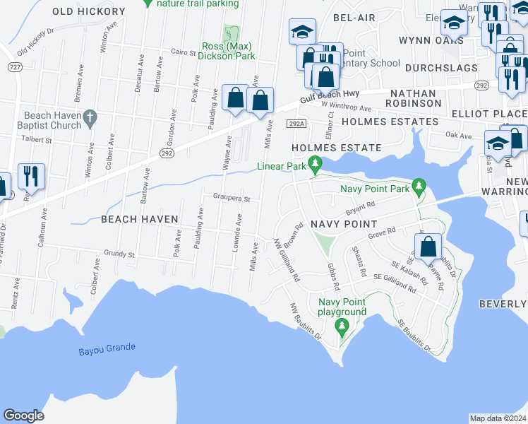 map of restaurants, bars, coffee shops, grocery stores, and more near 610 Mills Avenue in Pensacola