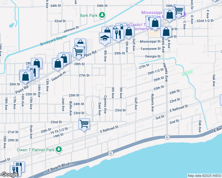 map of restaurants, bars, coffee shops, grocery stores, and more near 2523 6th Avenue in Gulfport