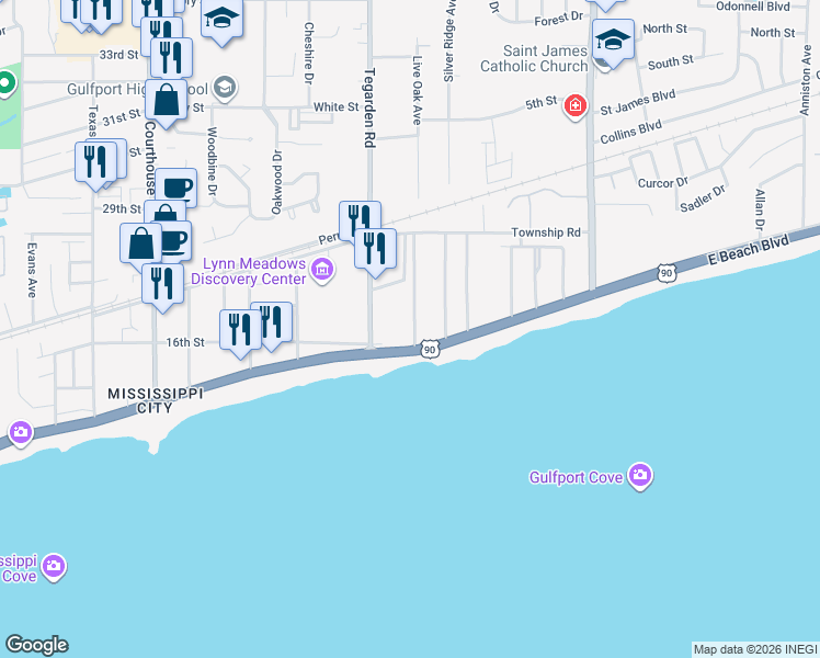 map of restaurants, bars, coffee shops, grocery stores, and more near 121 Markham Drive in Gulfport