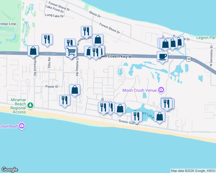 map of restaurants, bars, coffee shops, grocery stores, and more near 50 Walton Drive in Miramar Beach