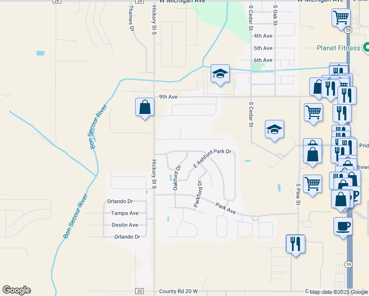 map of restaurants, bars, coffee shops, grocery stores, and more near 2470 West Ashford Park Drive in Foley