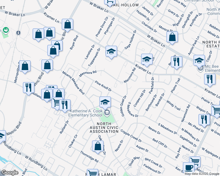 map of restaurants, bars, coffee shops, grocery stores, and more near 1608 Pine Knoll Drive in Austin