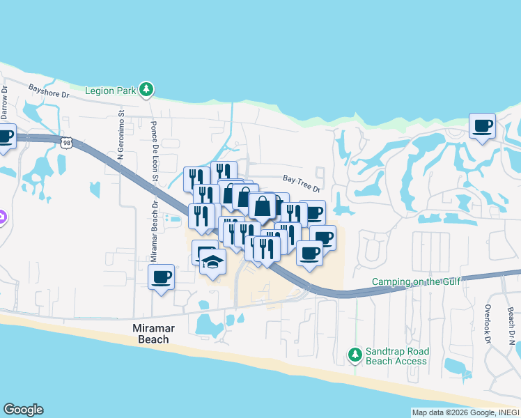 map of restaurants, bars, coffee shops, grocery stores, and more near 12 Bay Haven Court in Miramar Beach