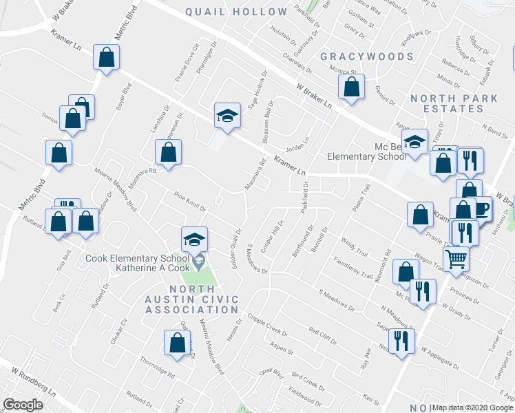 map of restaurants, bars, coffee shops, grocery stores, and more near 1405a Click Cove in Austin