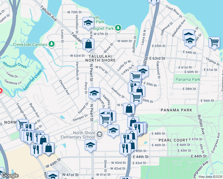 map of restaurants, bars, coffee shops, grocery stores, and more near 120 Andress Street in Jacksonville