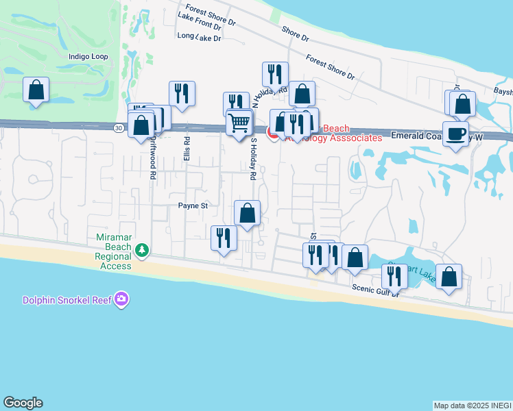 map of restaurants, bars, coffee shops, grocery stores, and more near 39 Saint Simon Circle in Miramar Beach