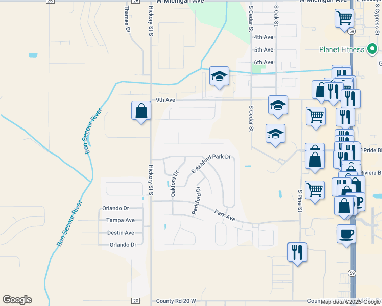 map of restaurants, bars, coffee shops, grocery stores, and more near 2470 West Ashford Park Drive in Foley