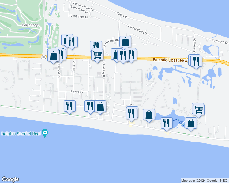 map of restaurants, bars, coffee shops, grocery stores, and more near 307 Business Centre Drive in Miramar Beach