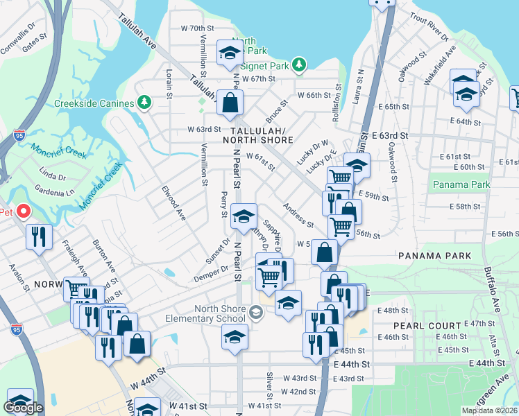 map of restaurants, bars, coffee shops, grocery stores, and more near 6642 Sunset Drive in Jacksonville