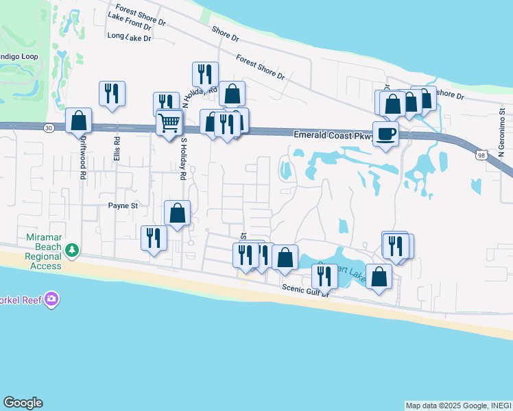 map of restaurants, bars, coffee shops, grocery stores, and more near 50 Walton Drive in Miramar Beach