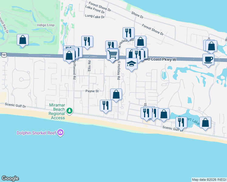 map of restaurants, bars, coffee shops, grocery stores, and more near 39 Saint Simon Circle in Miramar Beach