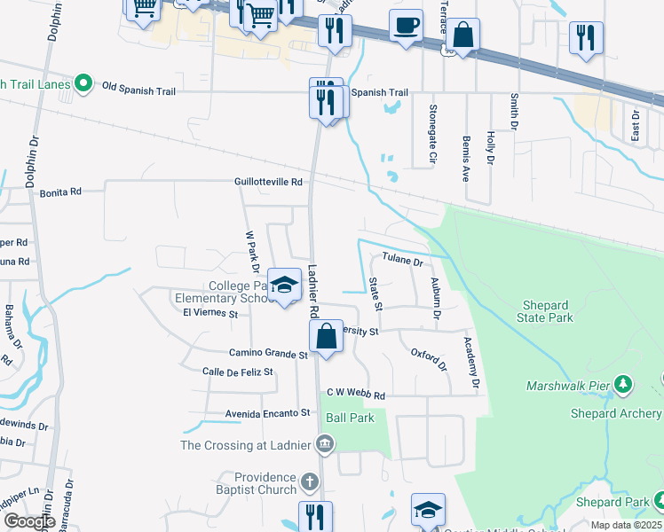 map of restaurants, bars, coffee shops, grocery stores, and more near 2726 Ladnier Road in Gautier