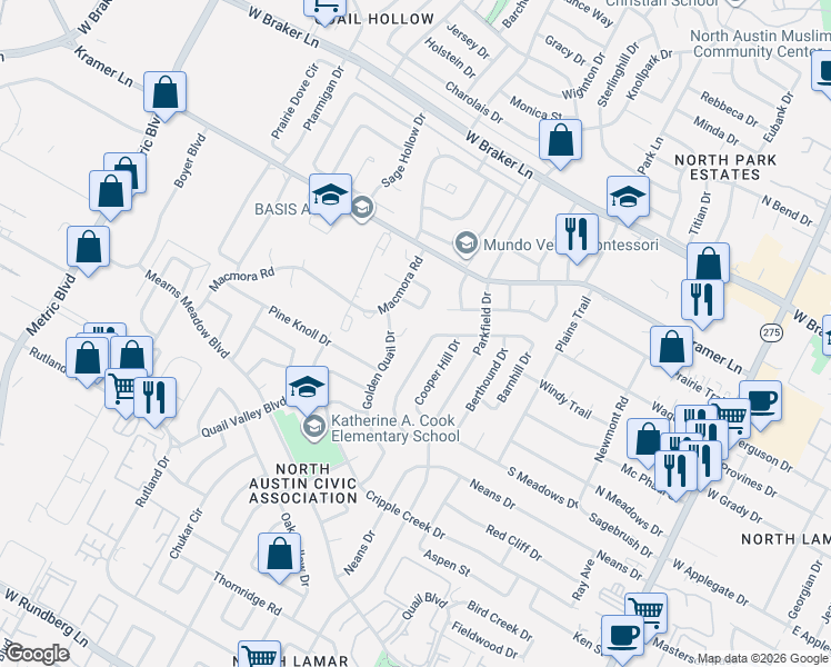 map of restaurants, bars, coffee shops, grocery stores, and more near 1405a Click Cove in Austin
