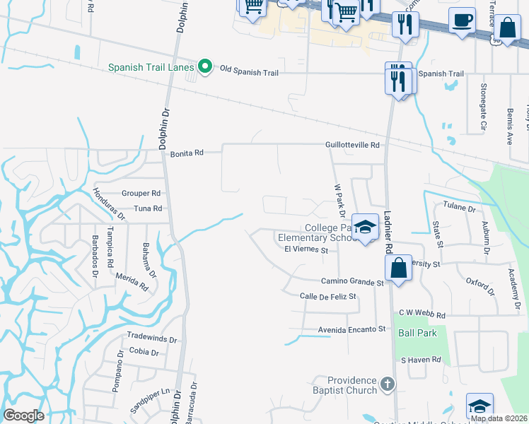 map of restaurants, bars, coffee shops, grocery stores, and more near 2820 Ridgeway Drive in Gautier