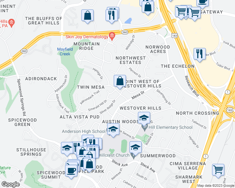 map of restaurants, bars, coffee shops, grocery stores, and more near 8616 Silver Ridge Drive in Austin