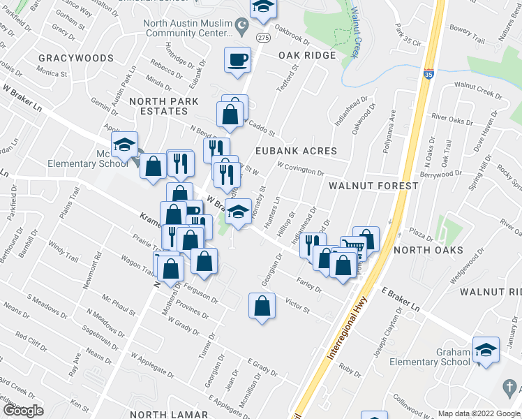 map of restaurants, bars, coffee shops, grocery stores, and more near 11307 Hornsby Street in Austin