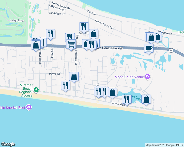 map of restaurants, bars, coffee shops, grocery stores, and more near 56 Penelope Street in Miramar Beach