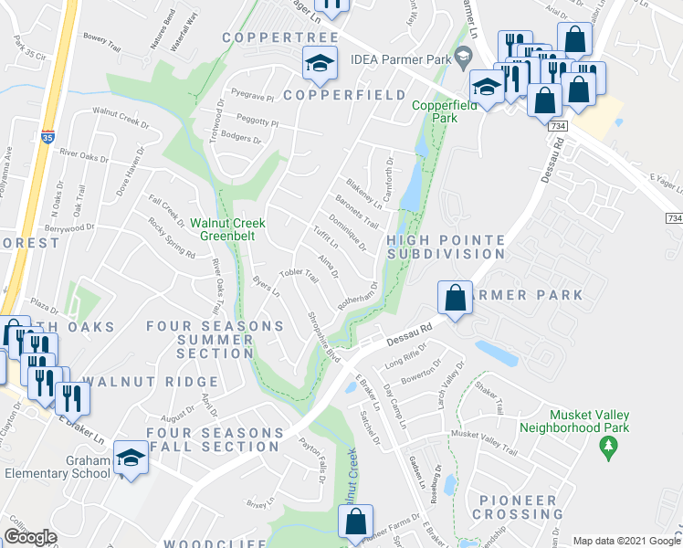 map of restaurants, bars, coffee shops, grocery stores, and more near 1412 Alma Drive in Austin