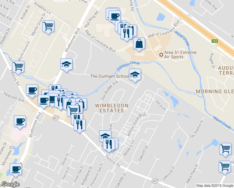 map of restaurants, bars, coffee shops, grocery stores, and more near 7551 John Newcombe Avenue in Baton Rouge