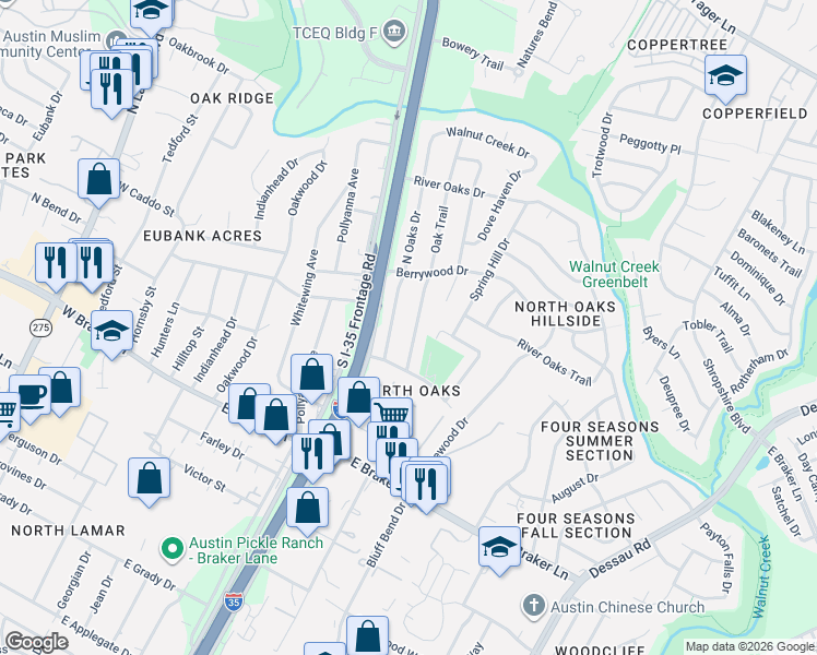 map of restaurants, bars, coffee shops, grocery stores, and more near 11510 Oak Trail in Austin