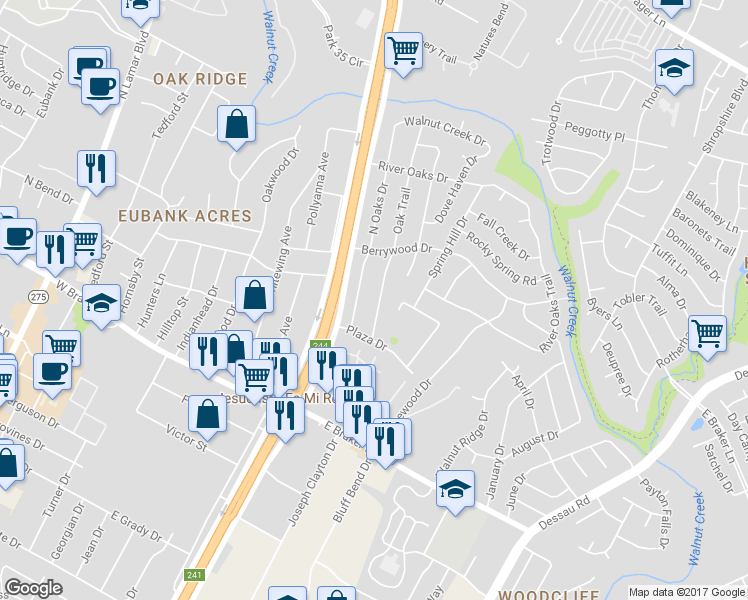 map of restaurants, bars, coffee shops, grocery stores, and more near 11510 Oak Trail in Austin