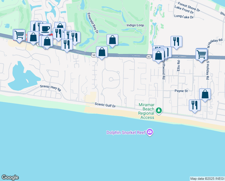map of restaurants, bars, coffee shops, grocery stores, and more near 423 Sandy Cay Drive in Miramar Beach