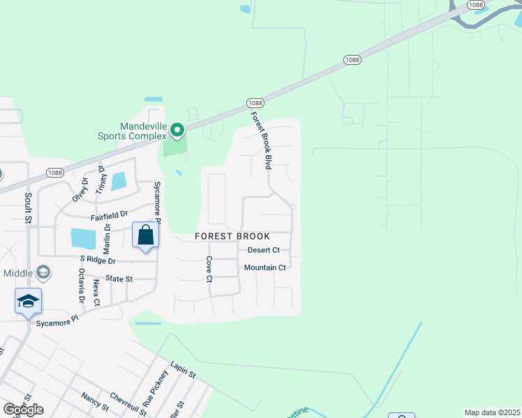 map of restaurants, bars, coffee shops, grocery stores, and more near 2725 Valley Court in Mandeville