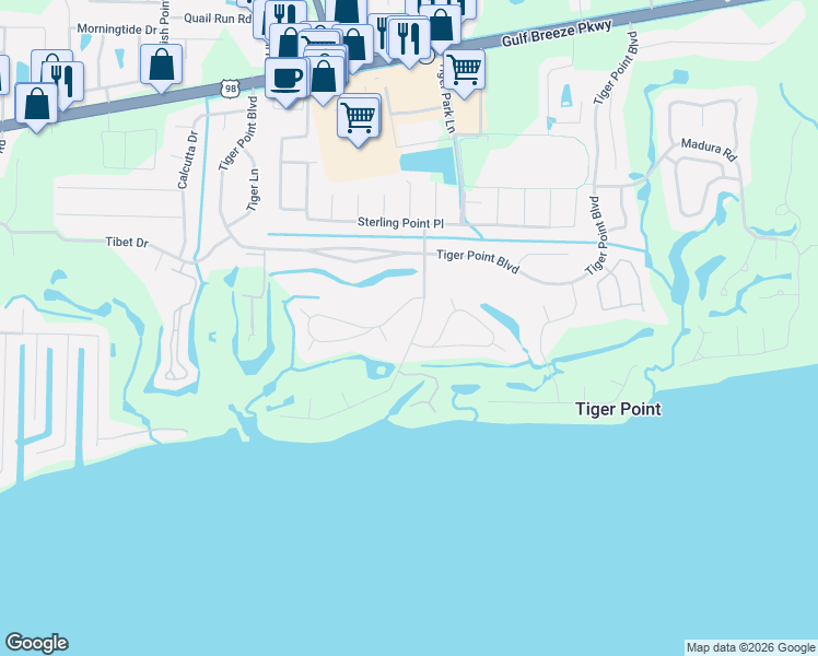 map of restaurants, bars, coffee shops, grocery stores, and more near 3790 Bengal Road in Gulf Breeze