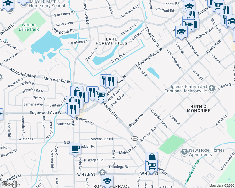 map of restaurants, bars, coffee shops, grocery stores, and more near 2048 Frank East Avenue in Jacksonville