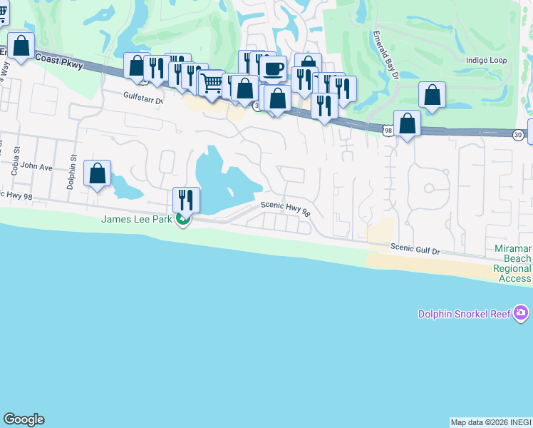 map of restaurants, bars, coffee shops, grocery stores, and more near 4836 Ocean Boulevard in Destin
