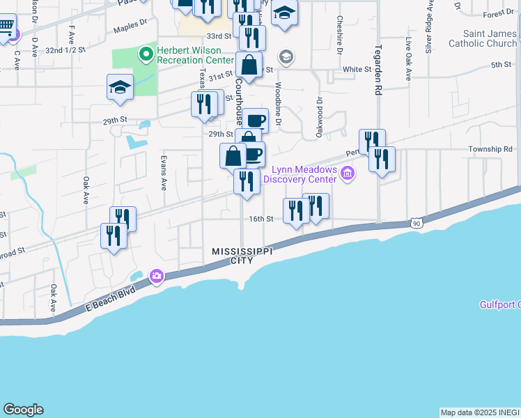 map of restaurants, bars, coffee shops, grocery stores, and more near 207 Palmetto Lane in Gulfport