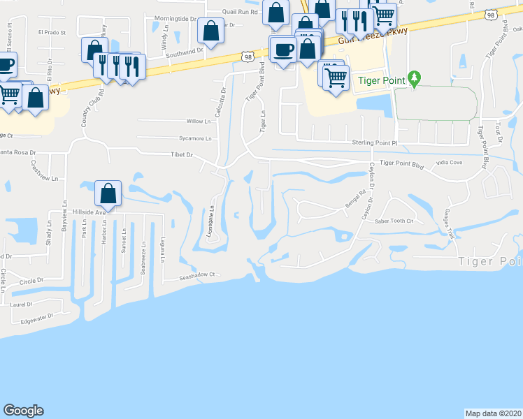 map of restaurants, bars, coffee shops, grocery stores, and more near 1200 Willowood Circle in Gulf Breeze