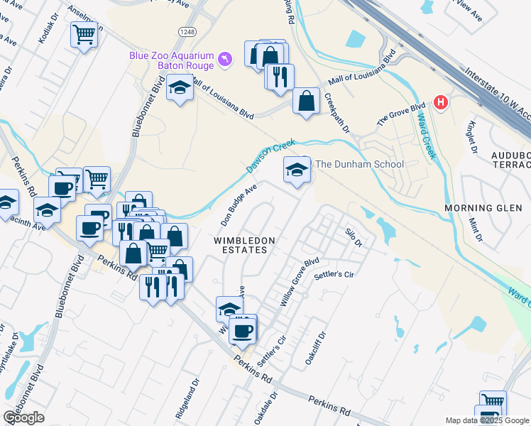 map of restaurants, bars, coffee shops, grocery stores, and more near 7551 John Newcombe Avenue in Baton Rouge