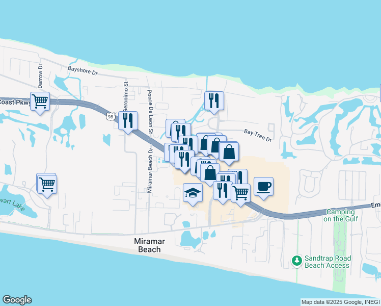 map of restaurants, bars, coffee shops, grocery stores, and more near 45 South Shore Drive in Miramar Beach