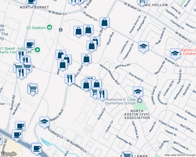 map of restaurants, bars, coffee shops, grocery stores, and more near 10304 Little Pebble Dr in Austin