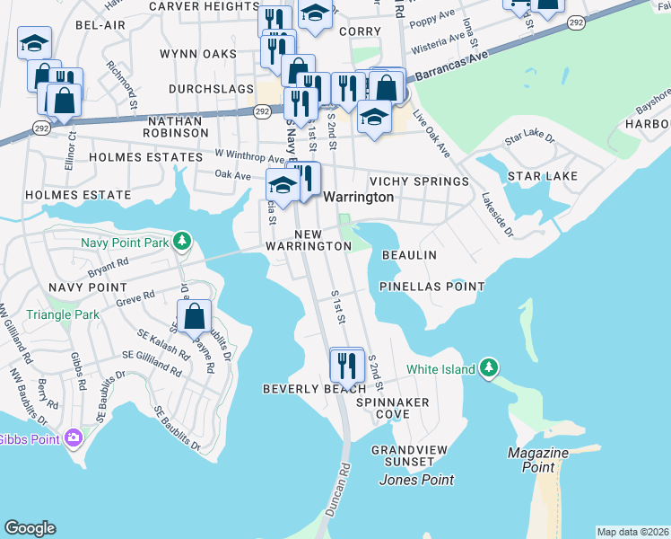 map of restaurants, bars, coffee shops, grocery stores, and more near 422 S 1st St in Pensacola